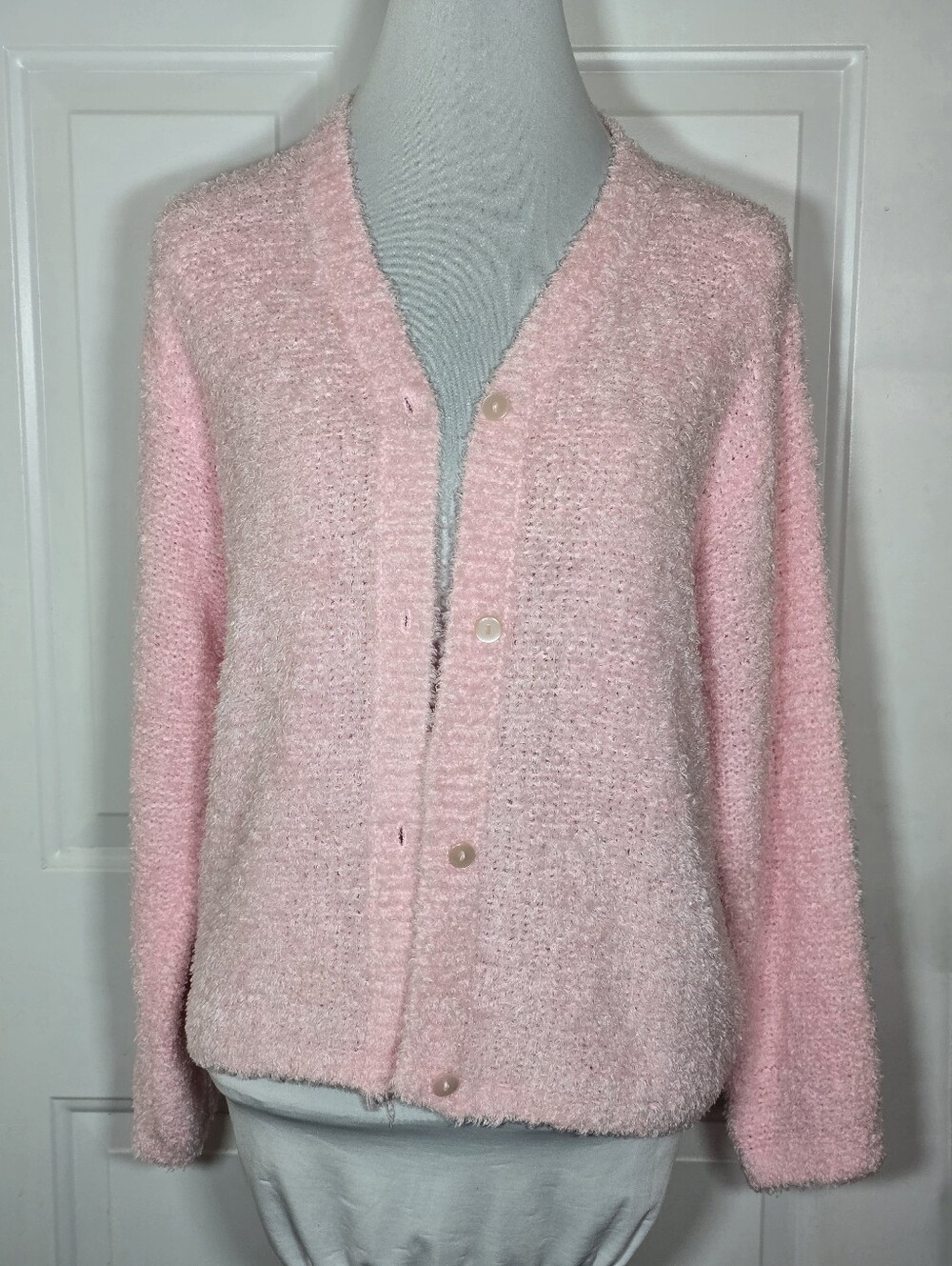 Real Comfort Pink Fuzzy Chenille Cardigan Sweater Long Sleeve Button Medium